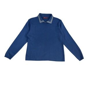 KAKA Vintage Blue Knit Polo Sweater Long Sleeve Patterned Collar Size L